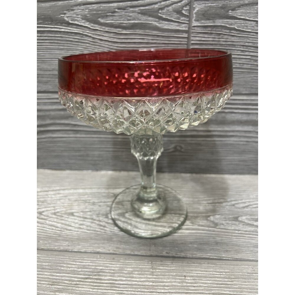 Vintage Glass Compote Diamond Point Pattern And Ruby Red Rim Candy Dish